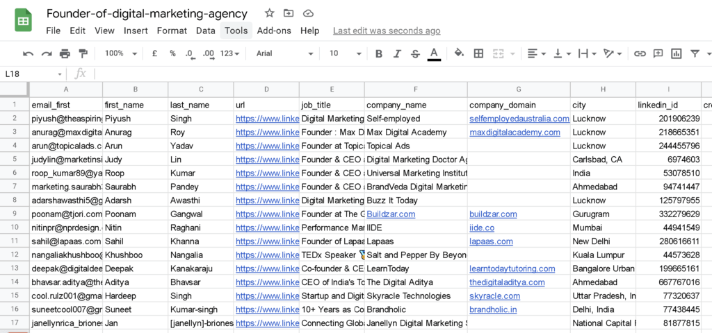 CSV file extracted from GrowMeOrganic's Email Extractor 