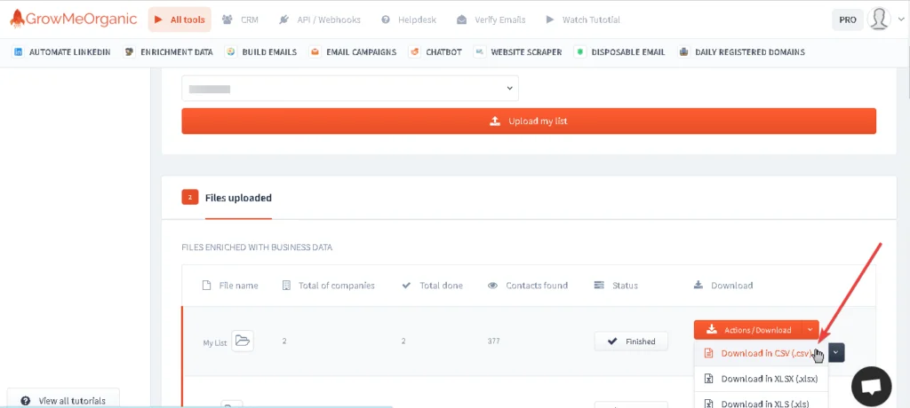Downloading the extracted file to CSV, XLSX or XLS file