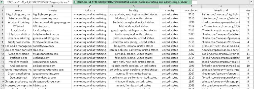 Sheet containing all the details extracted from GrowMeOrganic's B2B Companies Faeture