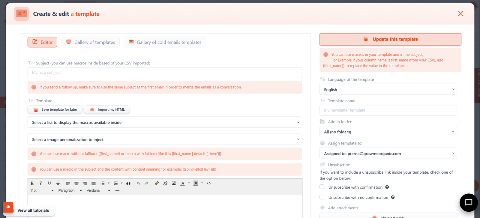 create & edit a new template